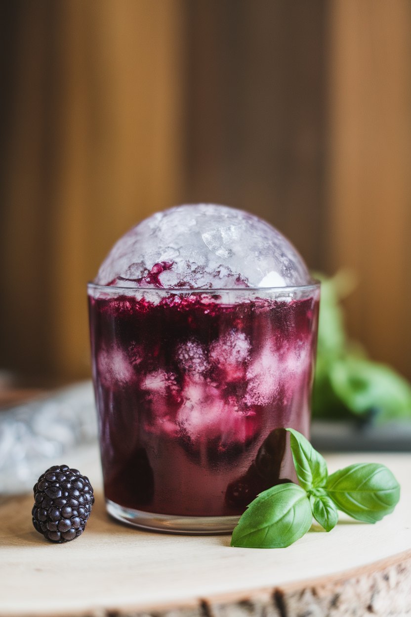 Indoor photo showing a short tumbler with deep purple blackberry basil smash, crushed ice dome on top, basil sprig tucked in beside a fresh blackberry. No text or logos.