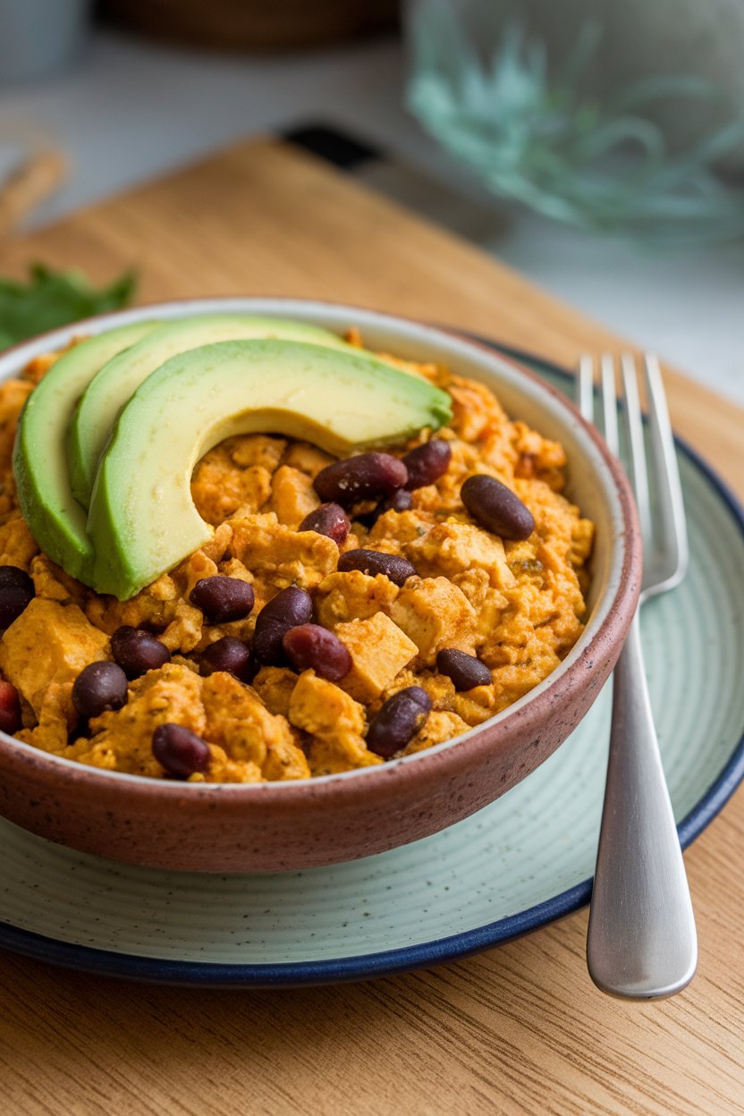 Indoor scene with a ceramic bowl of tofu scramble featuring black beans and chipotle peppers in adobo sauce, garnished with avocado slices. Photo, no text or logos.