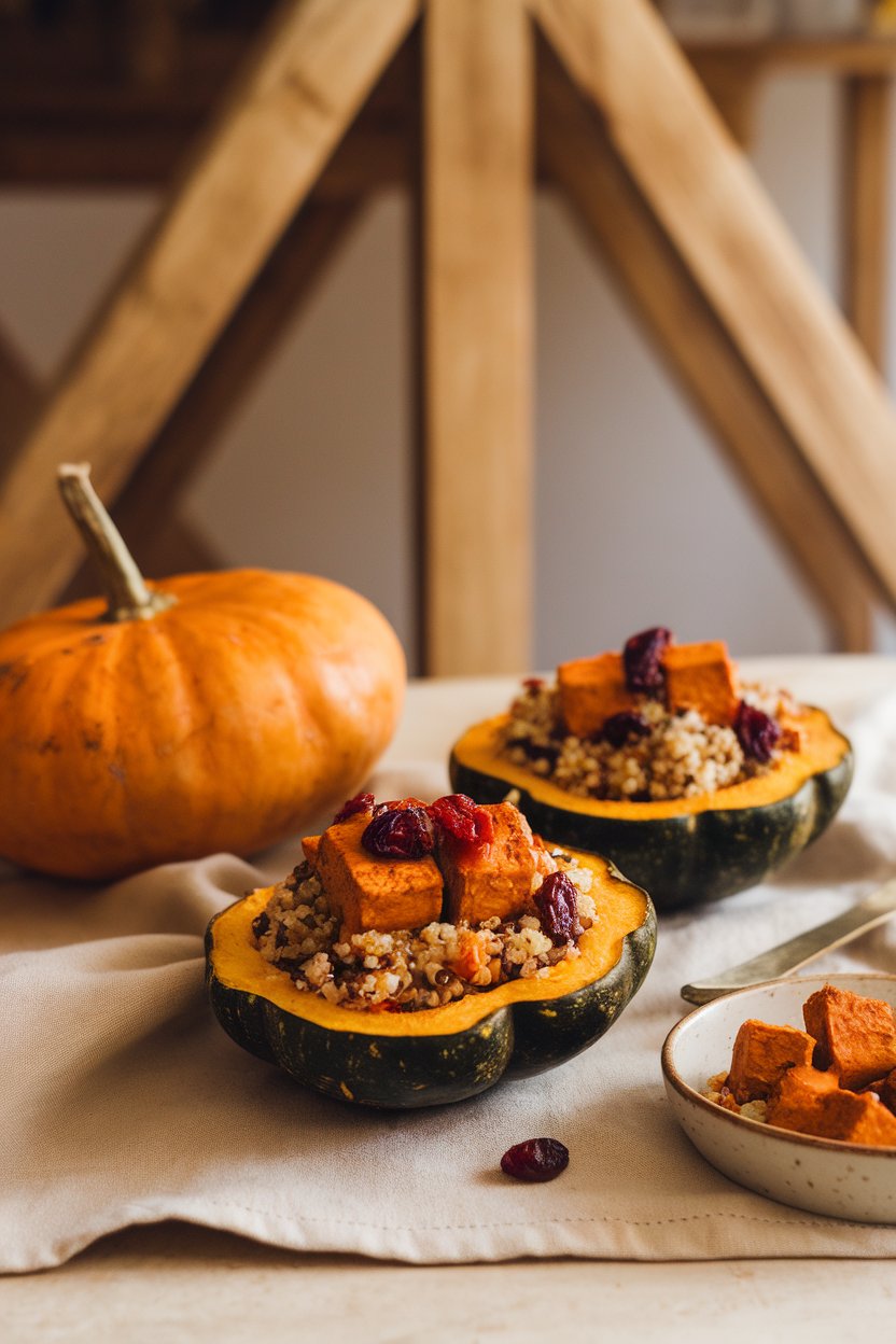 Indoor fall table with roasted acorn squash halves stuffed with harissa-spiced tofu, quinoa, and dried cranberries. Photo.