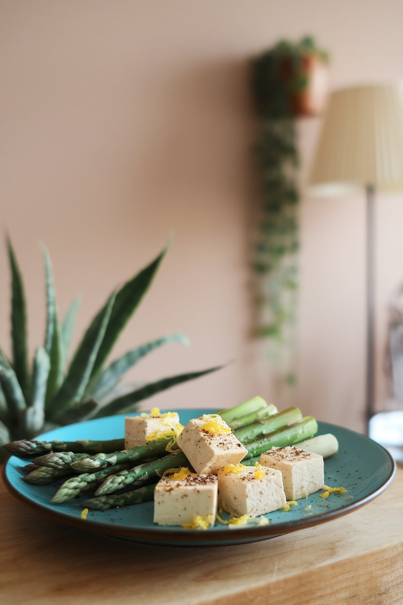 Indoor plate with slender asparagus spears and tofu cubes dusted with cracked pepper and lemon zest. No logos or text.
