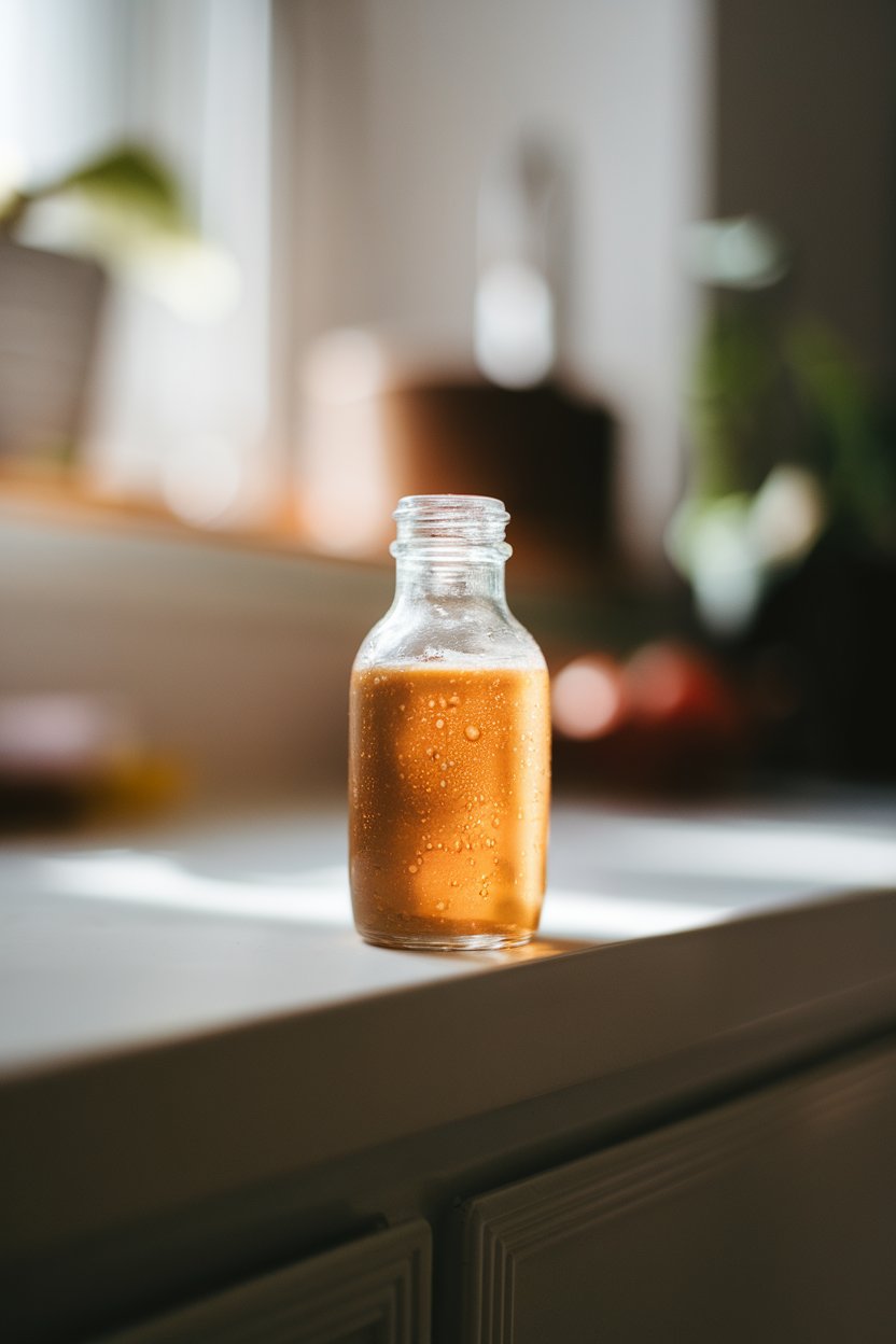 A small glass bottle on an indoor counter containing pale amber yuzu ponzu vinaigrette, light catching droplets on the side. Photo, not illustration. No text or logos.