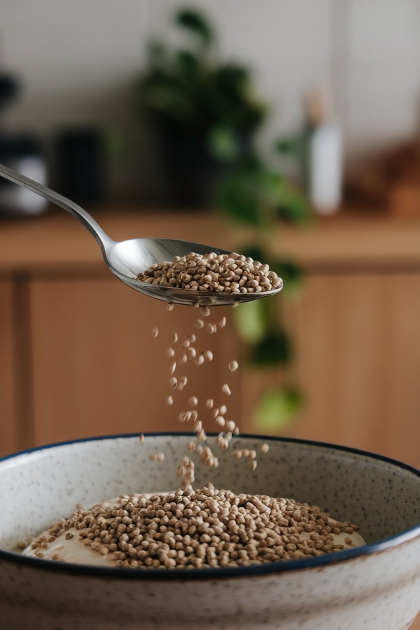 A spoon indoors hovering over a bowl, releasing small beige hemp seeds onto a dish. Photo, not illustration. No text or logos.