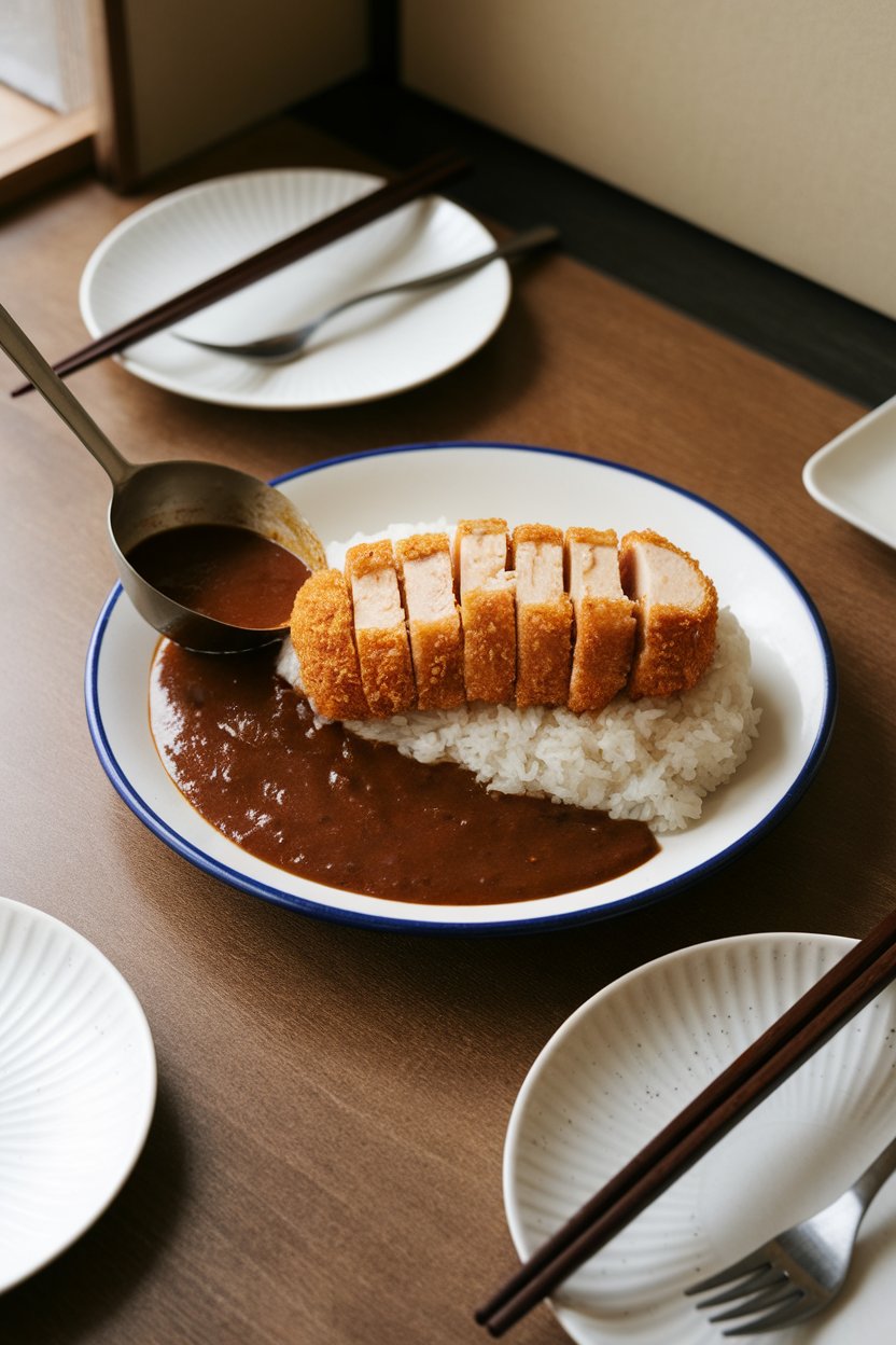 Indoor Japanese dining table with breaded tofu cutlets sliced atop rice, dark curry sauce ladled beside. No text or logos; photo.