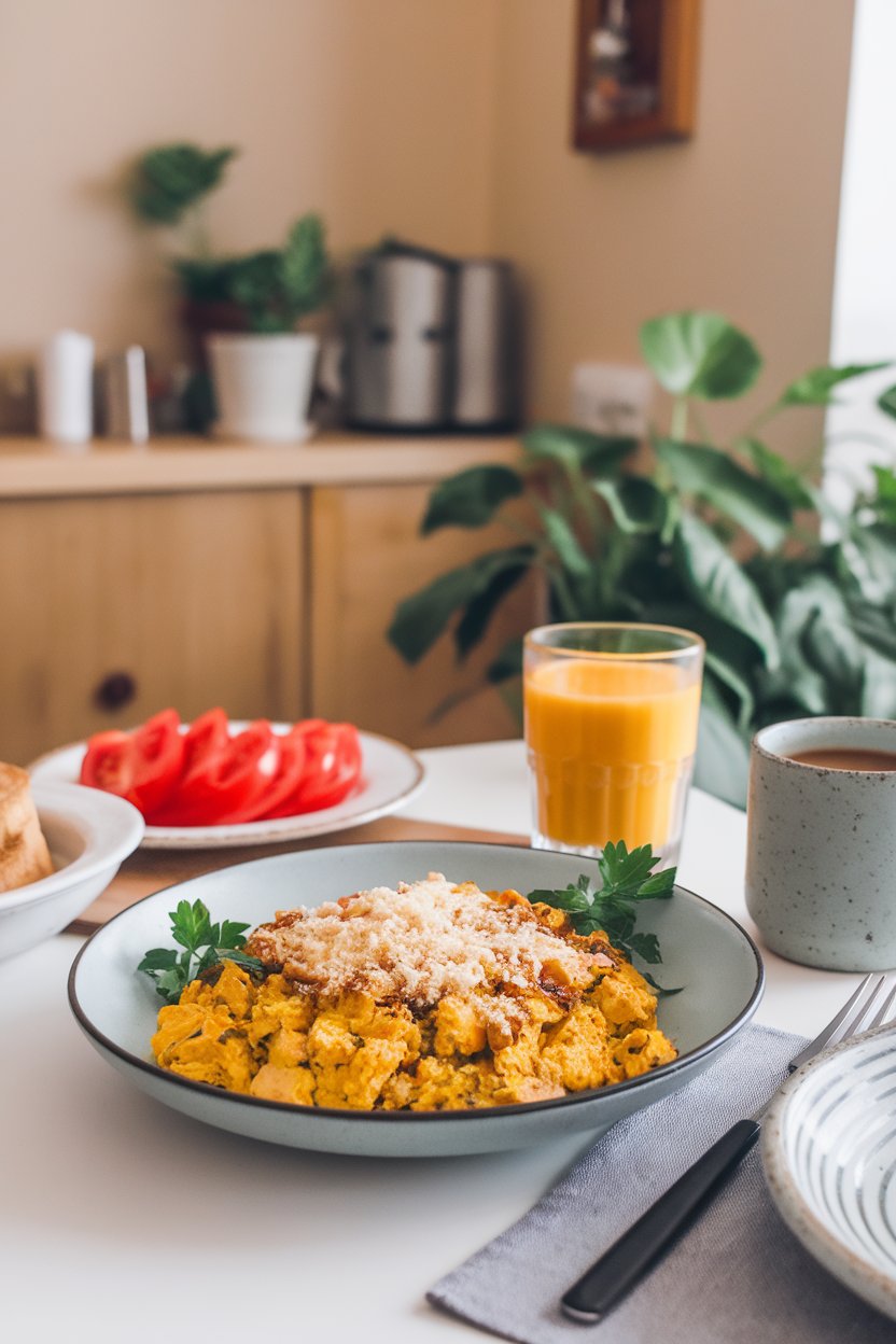 Indoor breakfast table with tofu scramble tossed in roasted garlic and sprinkled with grated vegan parmesan, parsley scattered over. Photo, no text or logos.