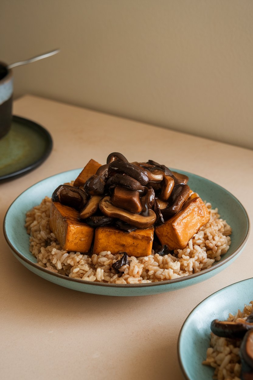 Indoor tabletop featuring tofu and shiitake mushrooms glazed in dark hoisin sauce, served over brown rice. No text or logos.