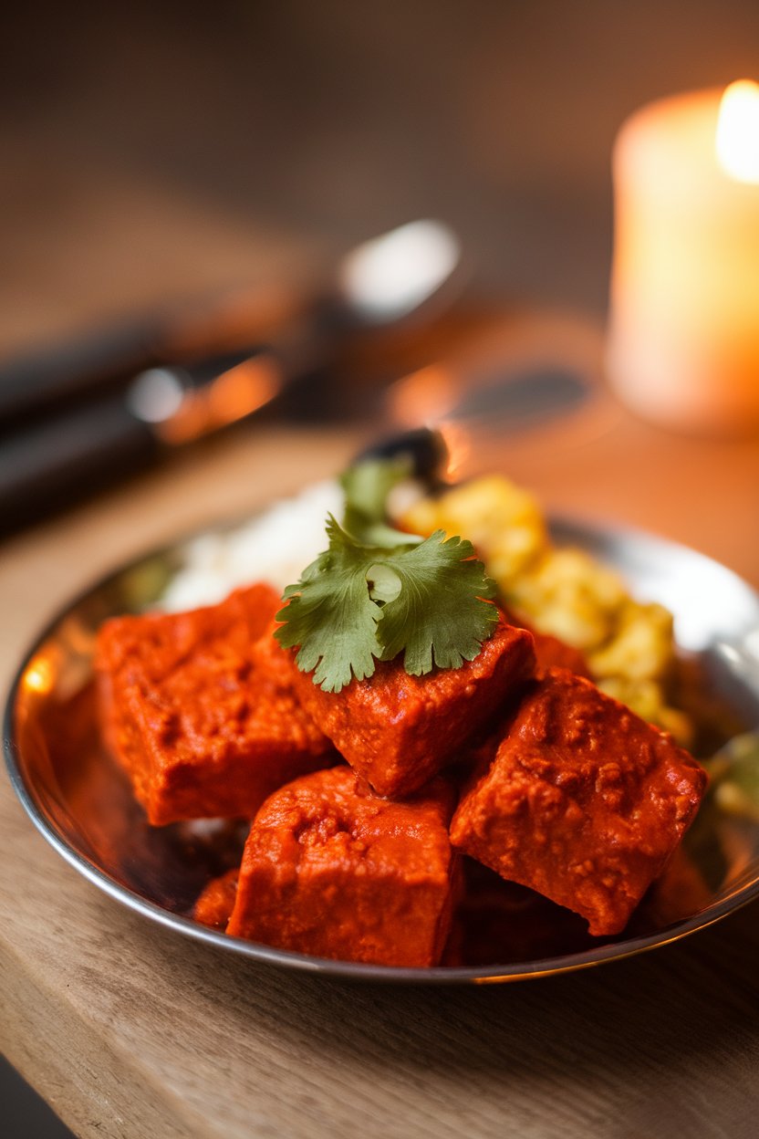 Indoor Indian dinner plate with bright red vindaloo-spiced tofu nuggets, cilantro garnish. No text or logos; photo.