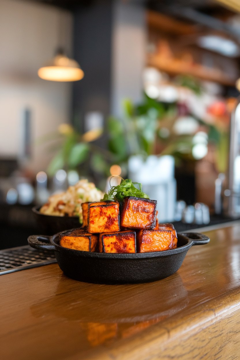 Indoor bar counter with a small cast-iron dish of chipotle-coated tofu squares, hint of red glaze and charred edges. No text or logos; photo.