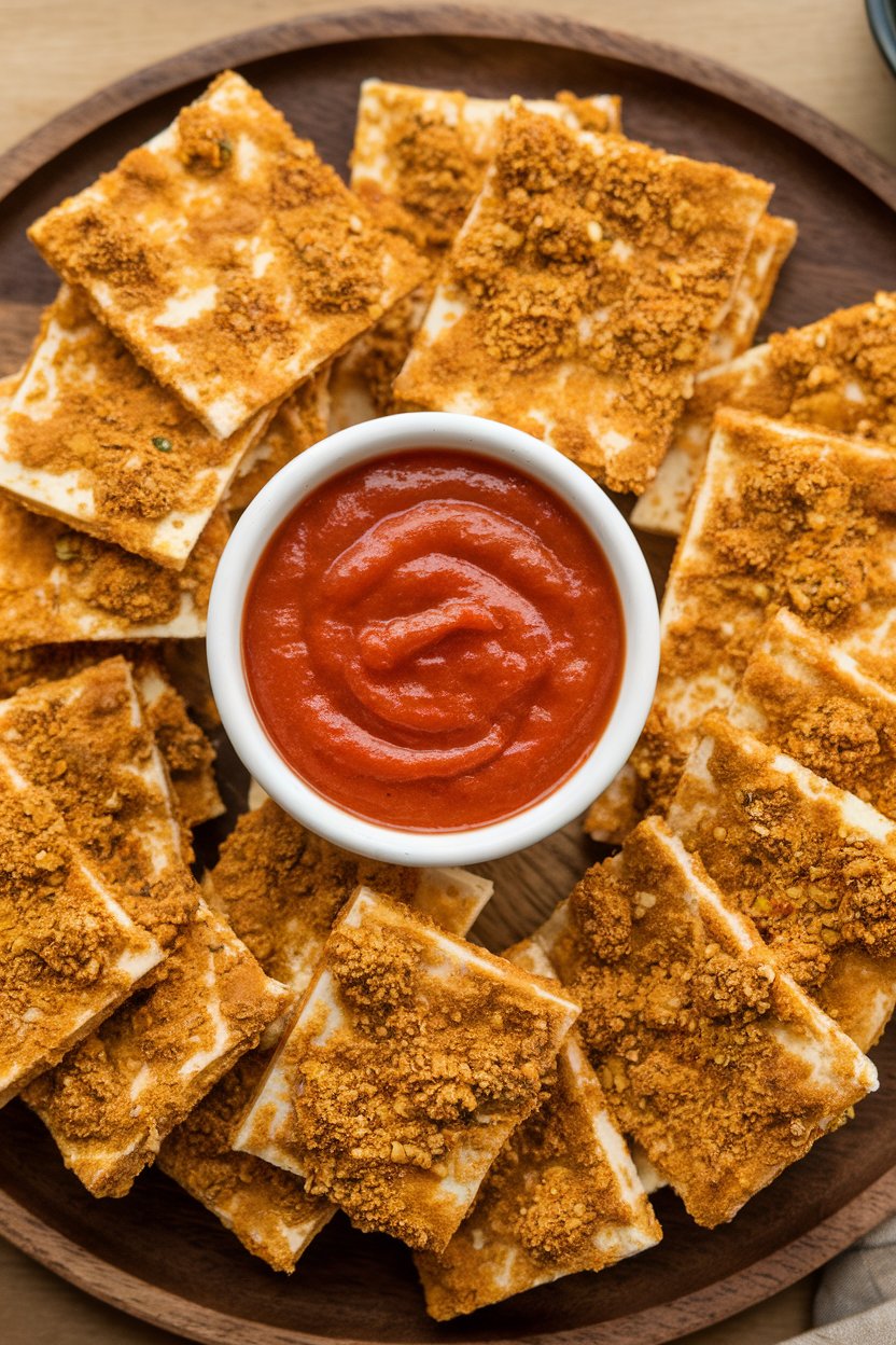 Indoor appetizer spread featuring tofu crisps coated in nutritional yeast “parmesan” and garlic powder, served with marinara sauce. No text or logos; photo.