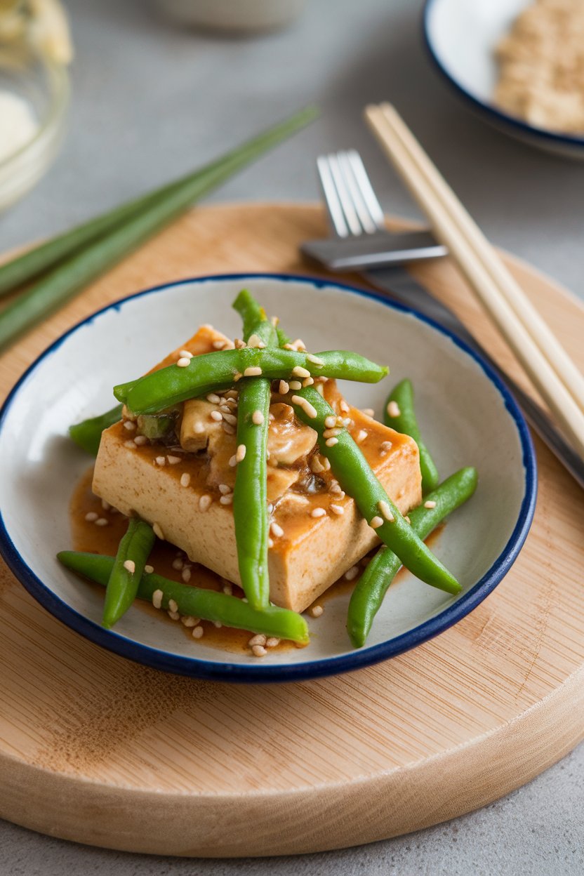 Photo of tofu and green beans glazed with yuzu-sesame sauce, taken indoors with no logos or text.