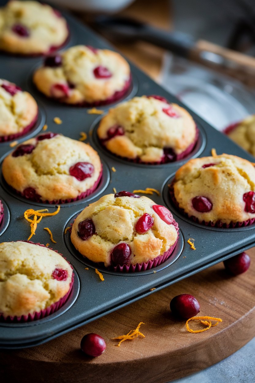 Photo of an indoor muffin tin with golden muffins studded with cranberries, orange zest visible on tops. No text or logos. Photo, not illustration.