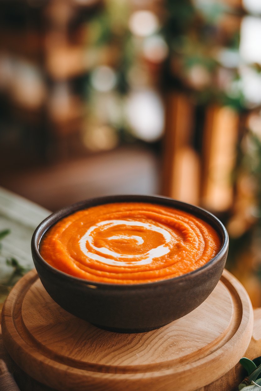 Photo of an indoor soup bowl of bright orange puréed carrot soup, swirl of coconut milk on top. No text or logos. Photo, not illustration.