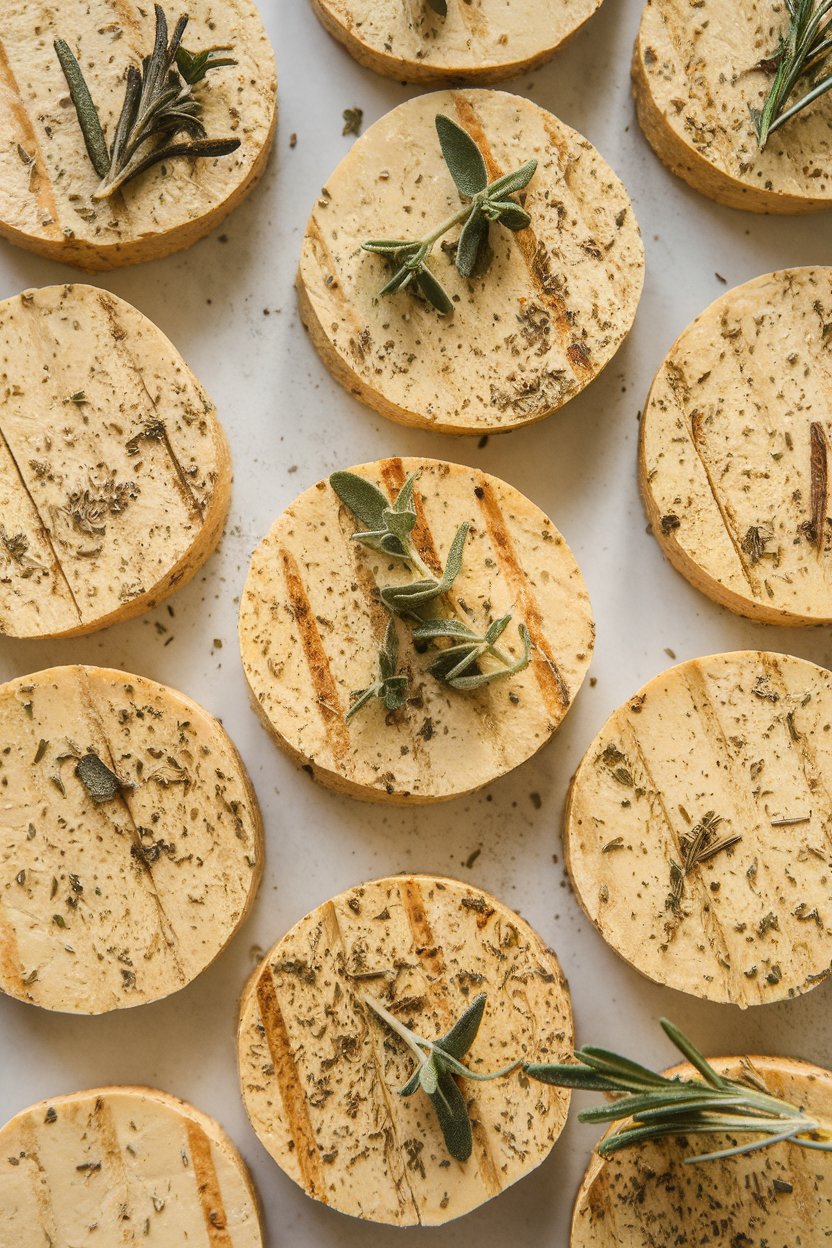 Indoor kitchen counter featuring round tofu medallions speckled with oregano, thyme, and rosemary, light char marks visible. No text or logos; photo.