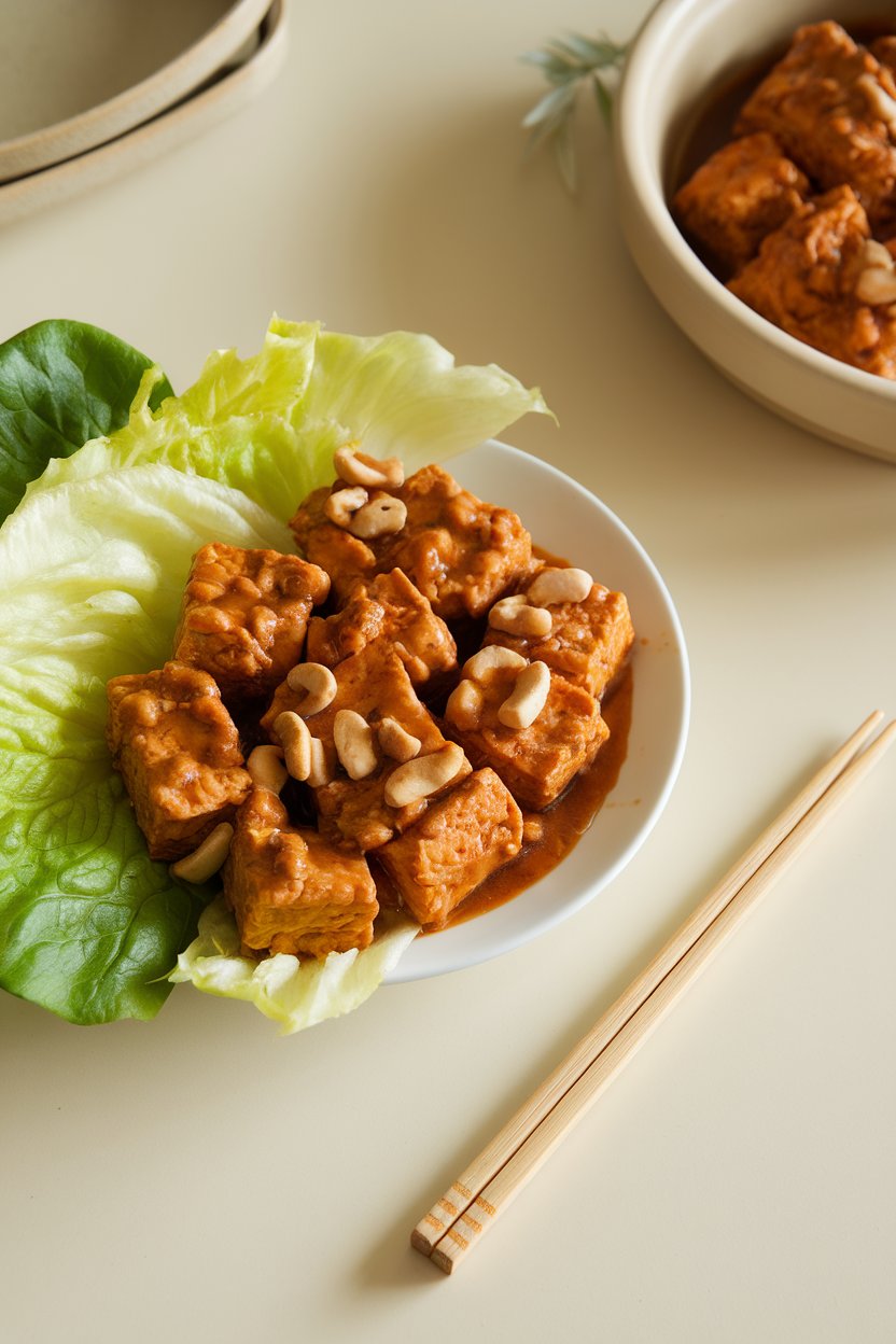 Indoor tabletop with tofu mince coated in hoisin-peanut sauce served alongside crisp lettuce leaves. No logos or text.