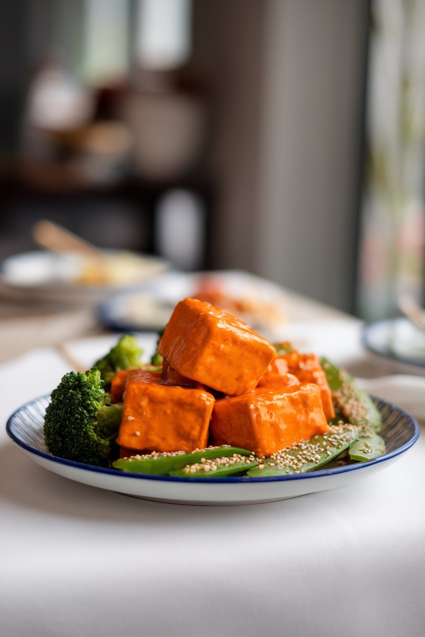 Indoor dining table showing a plate of bright orange-glazed tofu pieces with broccoli and snow peas, sesame seeds sprinkled on top. Photo.