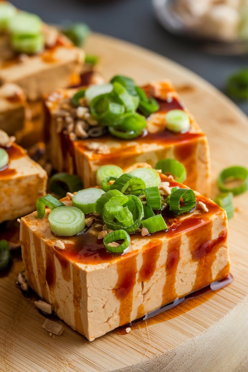 Close-up indoor photo of tofu pieces blanketed in minced ginger and sliced scallions, glistening with soy sauce. No logos or text.