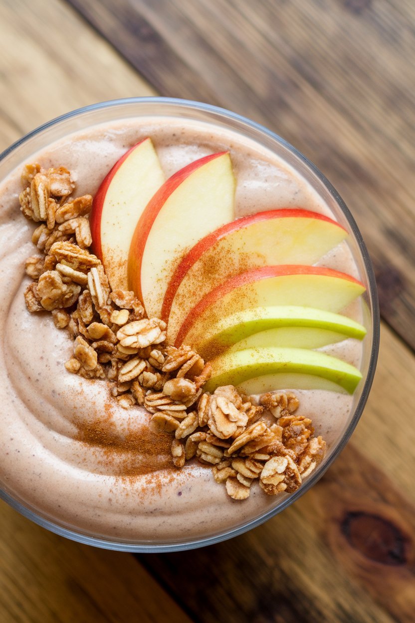 Photo of an indoor bowl of thick pale smoothie topped with apple slices, granola, and a dusting of cinnamon. No text or logos. Photo, not illustration.