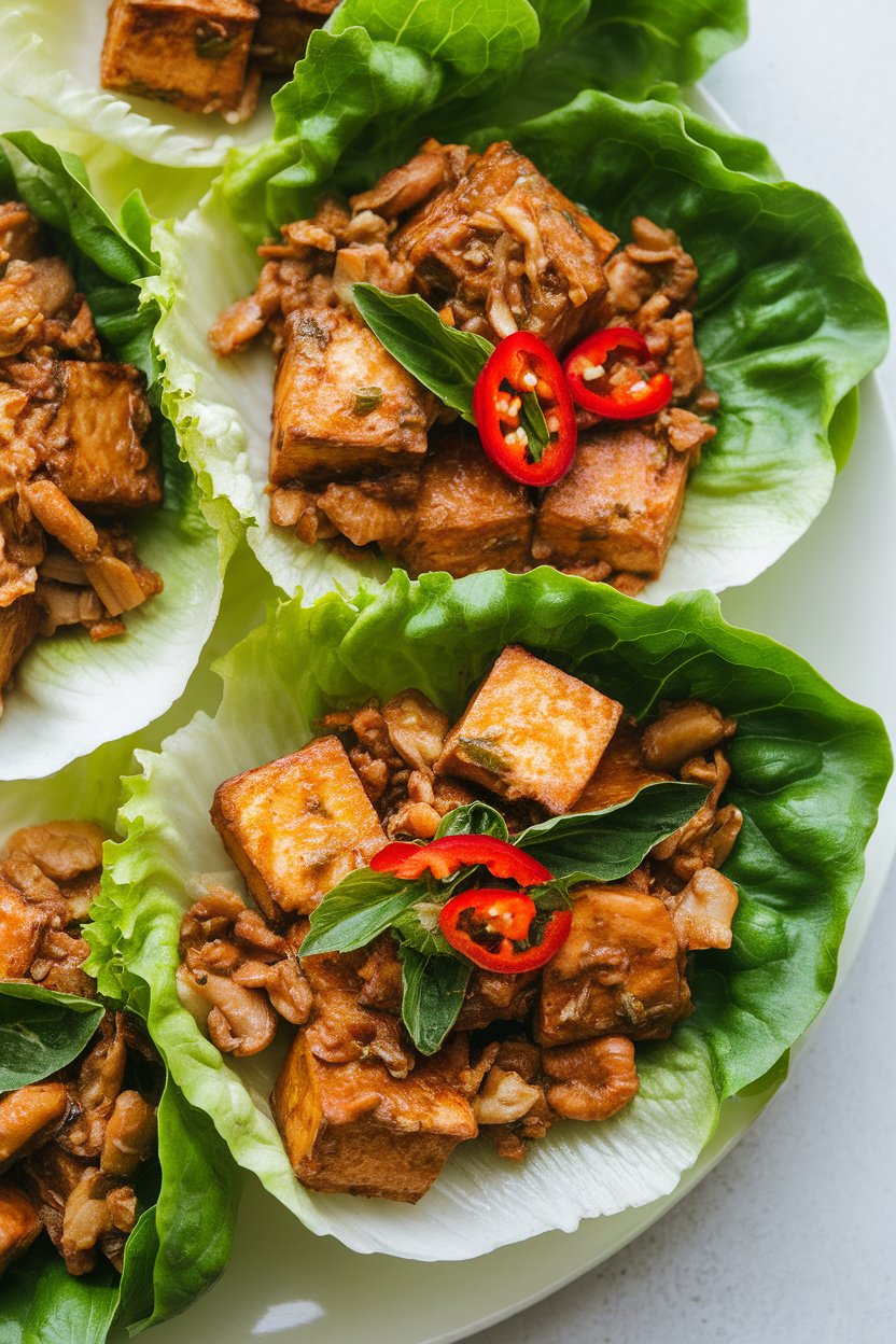 Indoor platter with butter lettuce leaves filled with Thai basil tofu stir-fry, red chili slices on top. Photo.