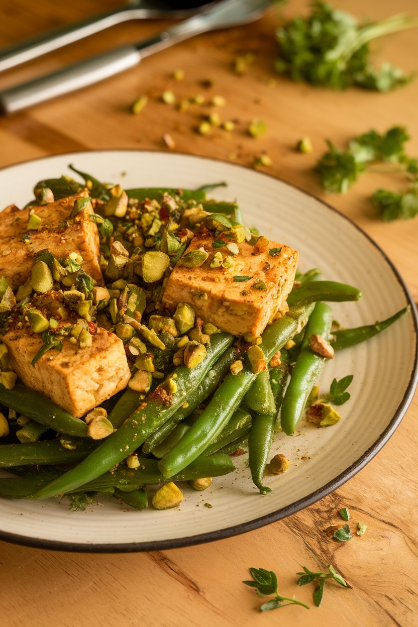 Photo of tofu and green beans tossed with crushed pistachios and fresh herbs, taken indoors. No logos or text.