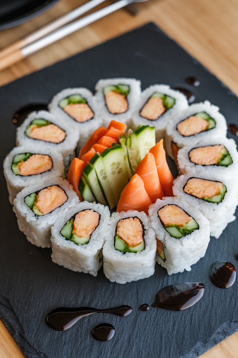 Indoor tabletop showing sliced sushi rolls filled with pan-seared tofu, cucumber, and carrot, arranged on a slate plate. No logos. Photo.