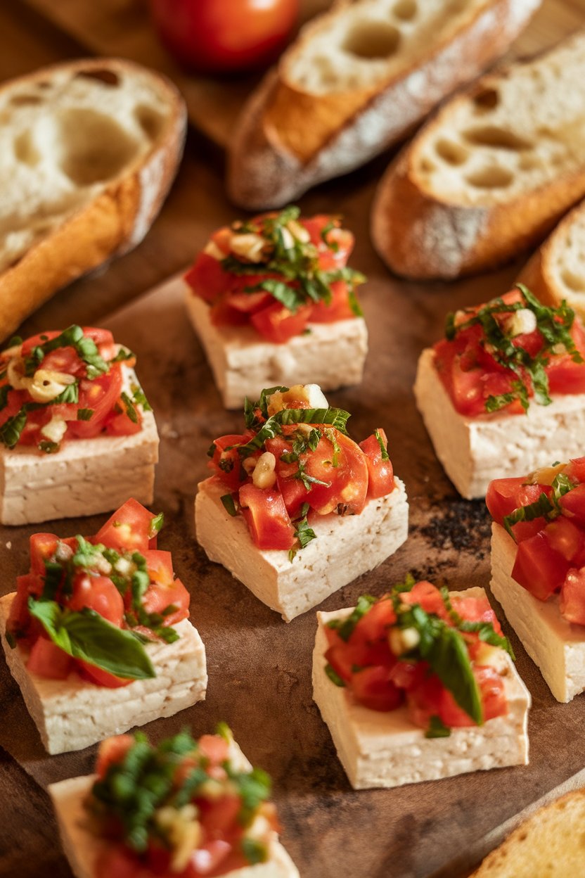 Indoor Italian appetizer spread with tofu cubes topped in chopped tomato, basil, and garlic mixture, toasted baguette slices nearby. No text or logos; photo.