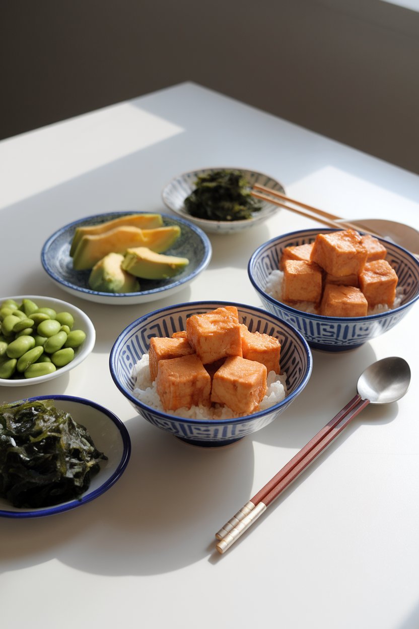 A brightly lit indoor table holding bowls of cooked, soy-marinated tofu cubes atop sushi rice with edamame, avocado, and seaweed salad. No raw fish, no logos. Photo.