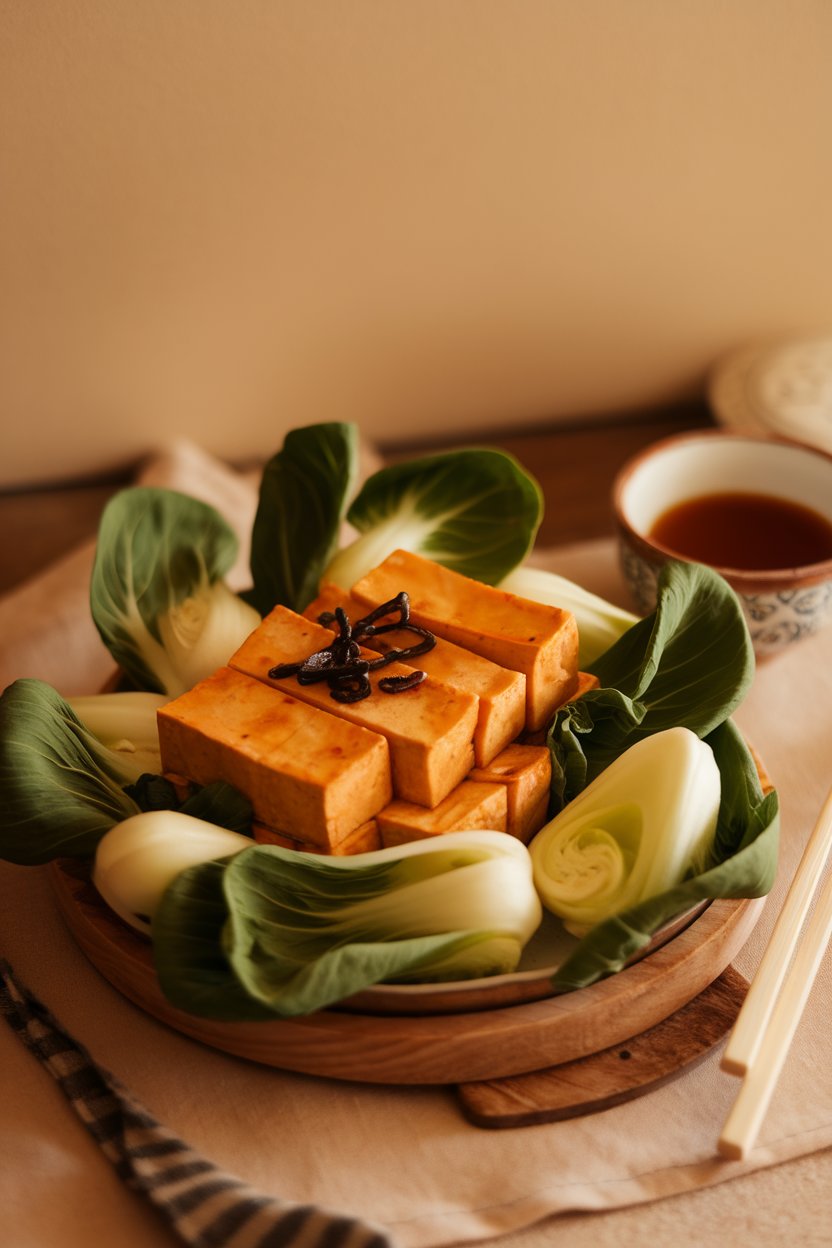 Warm indoor photo of tofu rectangles glazed with miso and nestled among baby bok choy leaves. No text or logos.