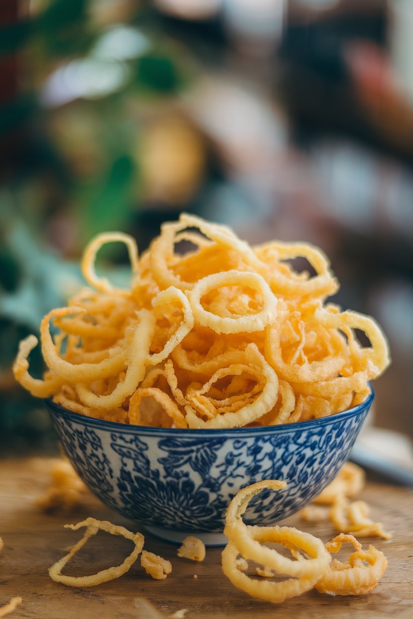 An indoor bowl loaded with golden fried shallot rings, extra bits scattered around. Photo, not illustration. No text or logos visible.