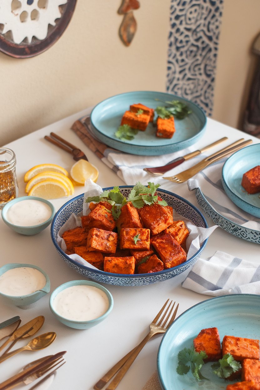 Indoor Indian brunch table showing reddish tikka-spiced tofu nuggets, small bowl of dairy-free yogurt sauce. No text or logos; photo.