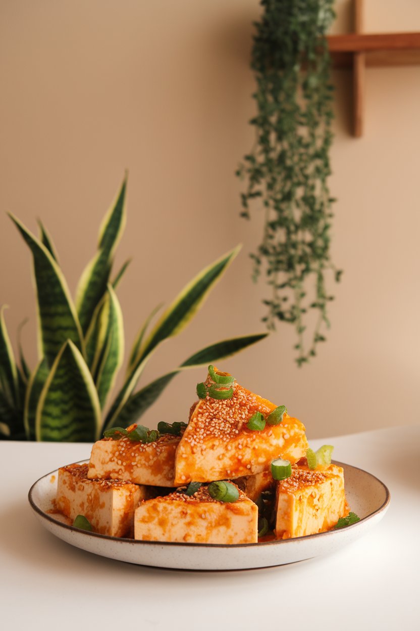 Indoor photo of tofu triangles tossed with orange-zest-speckled sauce and sprinkled with sesame seeds. No text or logos.