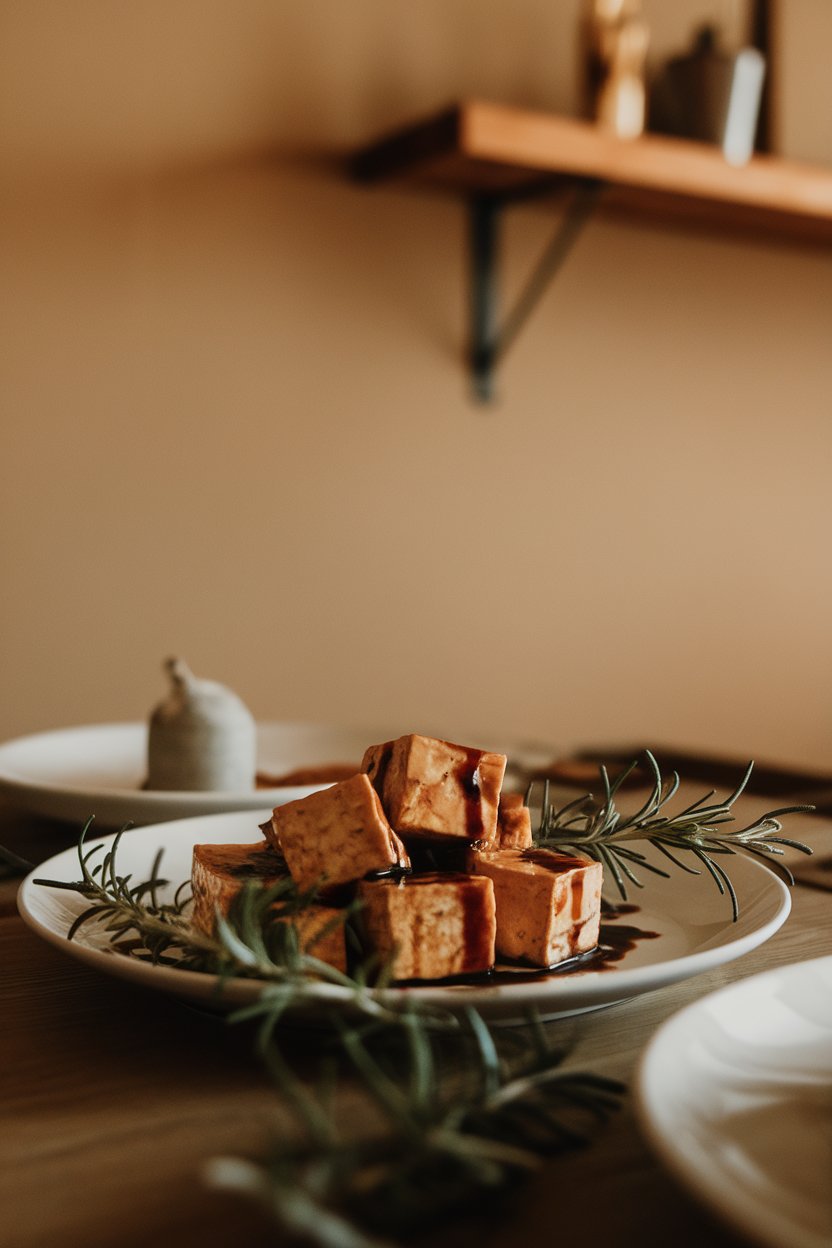 Indoor dinner table with tofu cubes glazed in dark balsamic reduction, rosemary sprigs around the plate. No text or logos; photo.