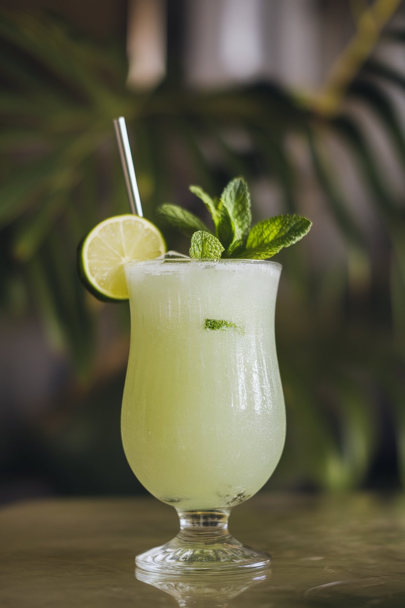 Indoor photo of a frozen slushy mocktail in a hurricane glass, pale green color, mint crown, lime wheel on straw. No text or logos.