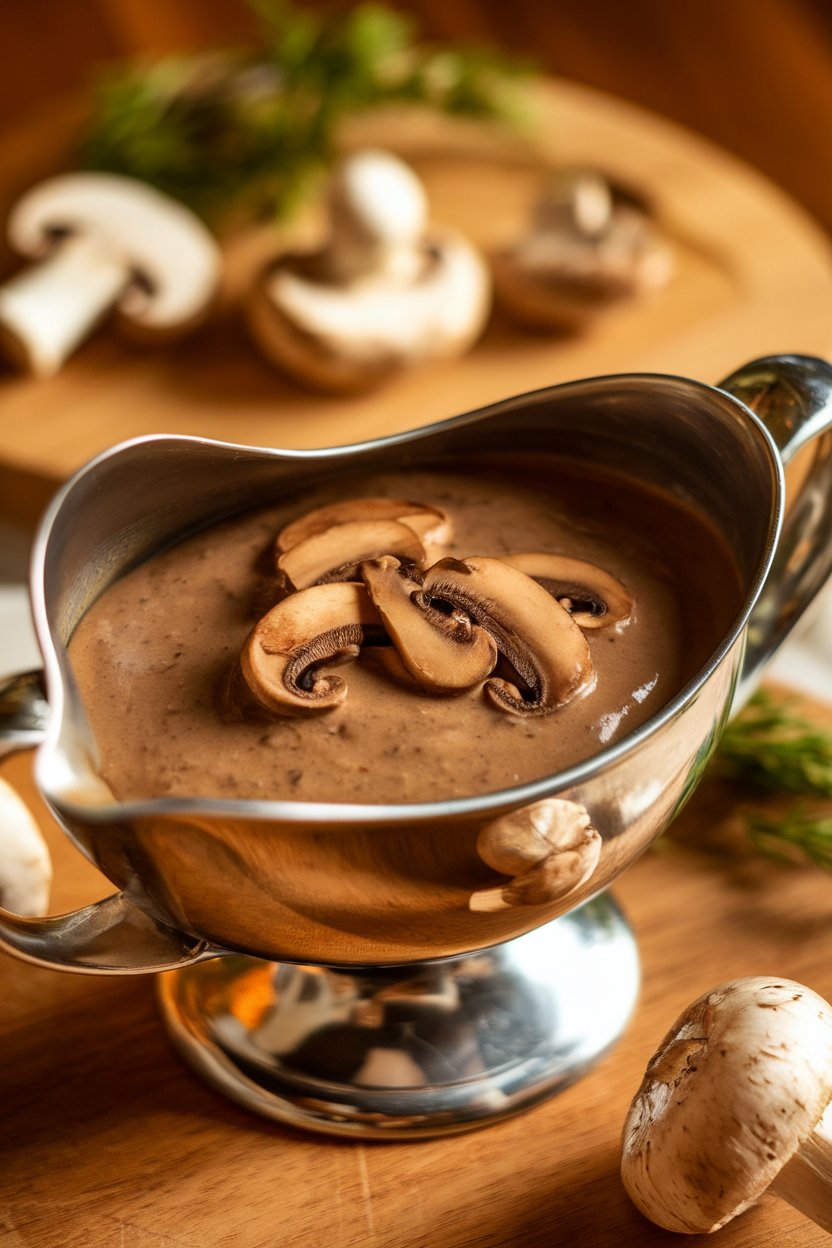 Photo of an indoor gravy boat of brown mushroom miso gravy, sliced mushrooms on top. No text or logos. Photo, not illustration.