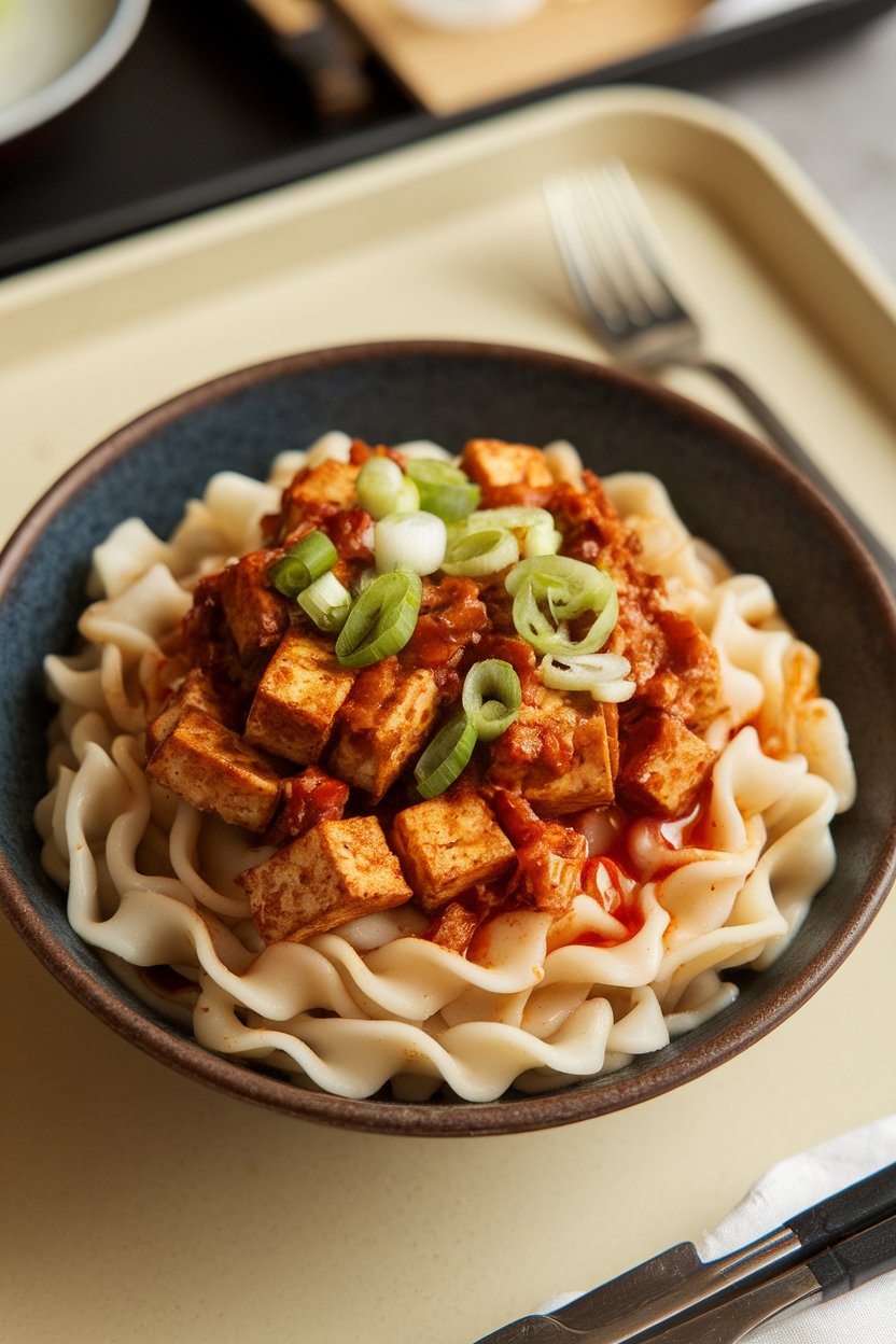 Indoor bowl of wheat noodles topped with saucy tofu crumbles, chili oil, and scallions. No logos or text.