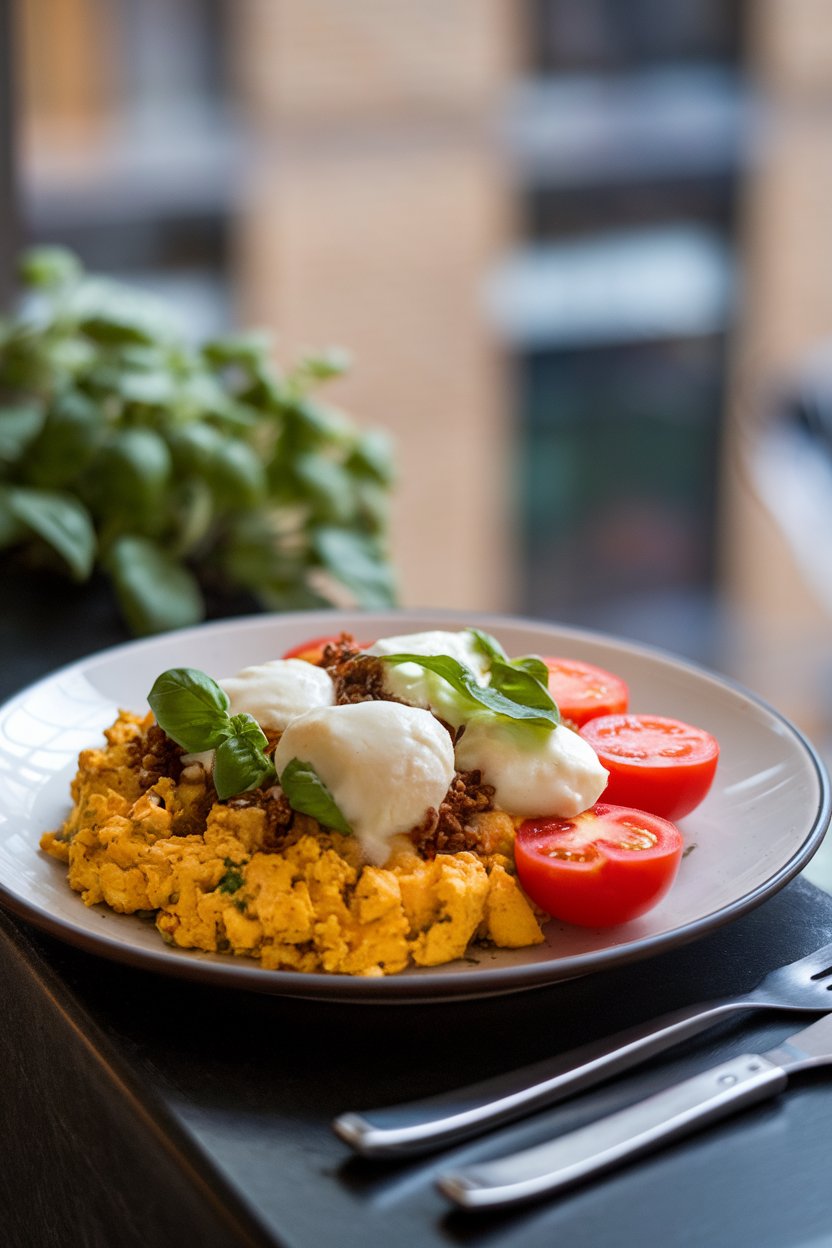 Indoor breakfast plate featuring tofu scramble with cherry tomato halves, basil chiffonade, and melting vegan mozzarella pearls. Photo, no text or logos.