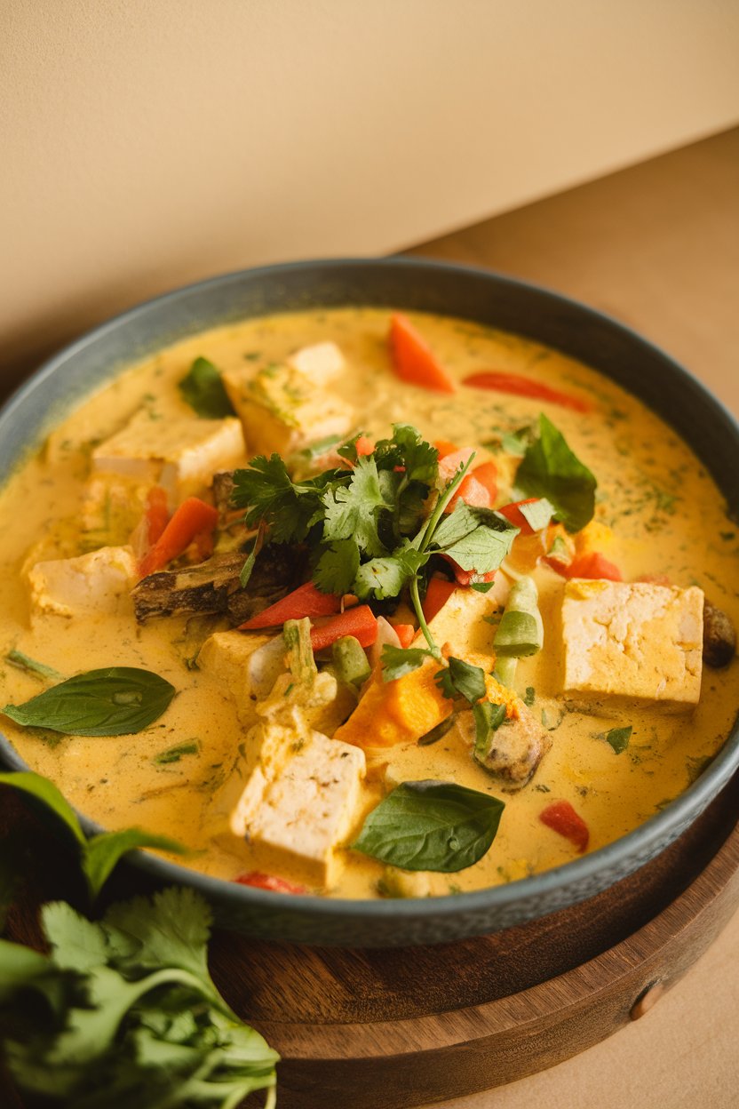 Photo of a shallow bowl with tofu and mixed vegetables swimming in a creamy yellow coconut curry sauce. Indoor lighting; no logos or text.
