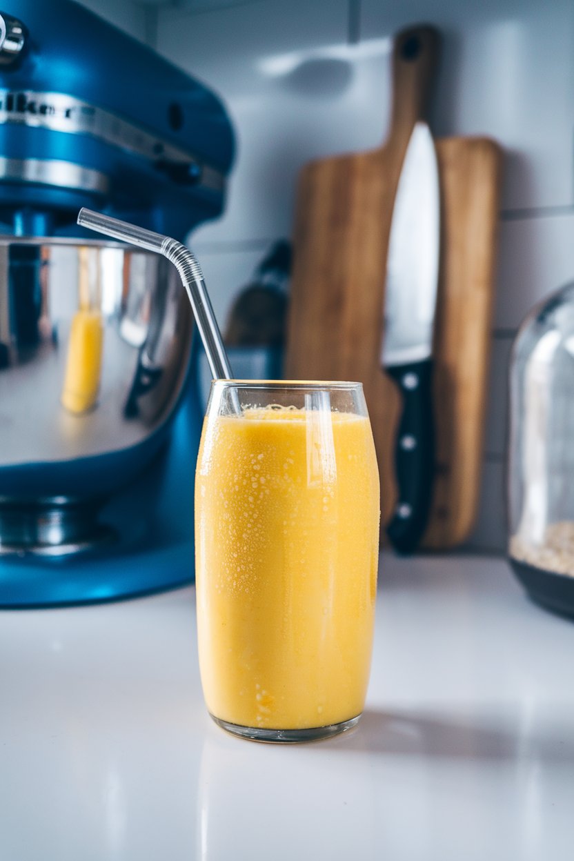Photo of an indoor kitchen counter showing a glass of bright yellow mango smoothie made with silken tofu, condensation on the glass, and a stainless-steel straw. No text or logos. Photo, not illustration.