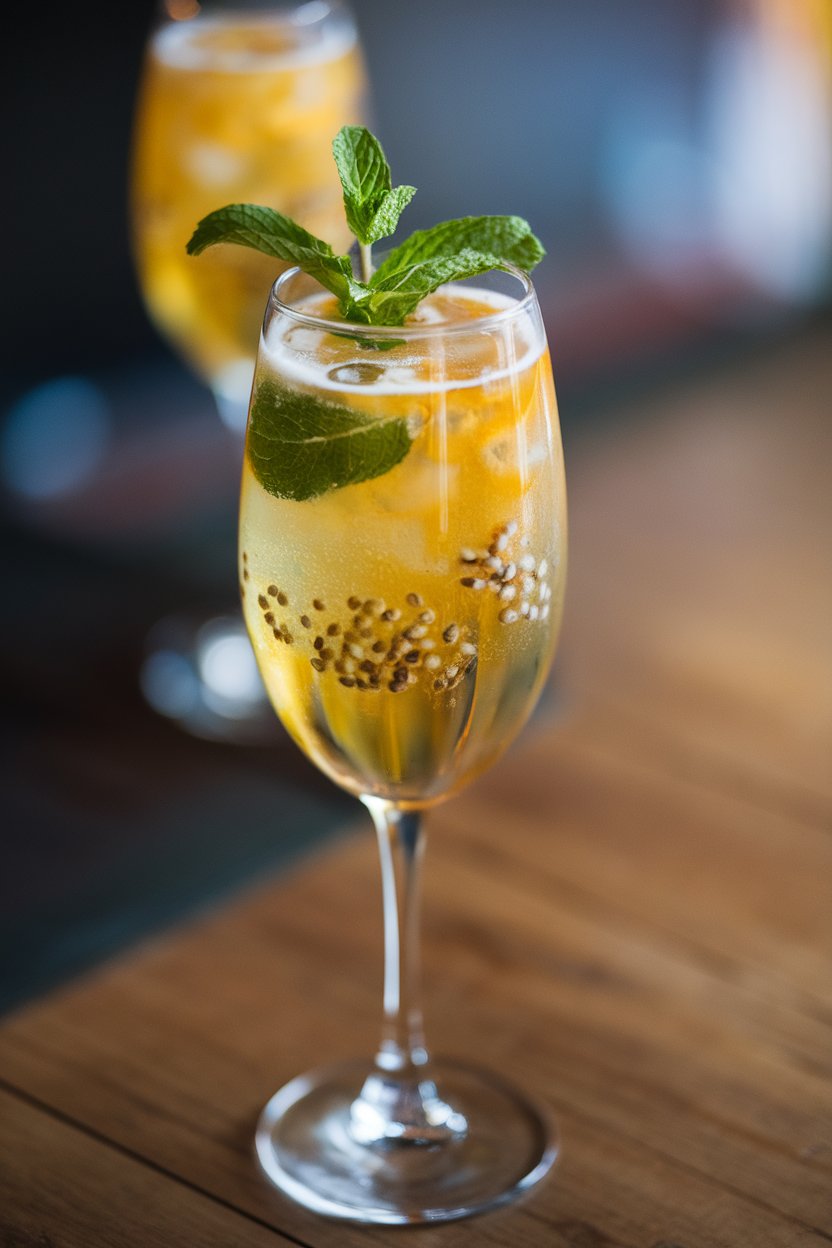 Indoor photo of a flute filled with golden passion fruit spritzer, mint leaf floating, seed specks visible. No text or logos.