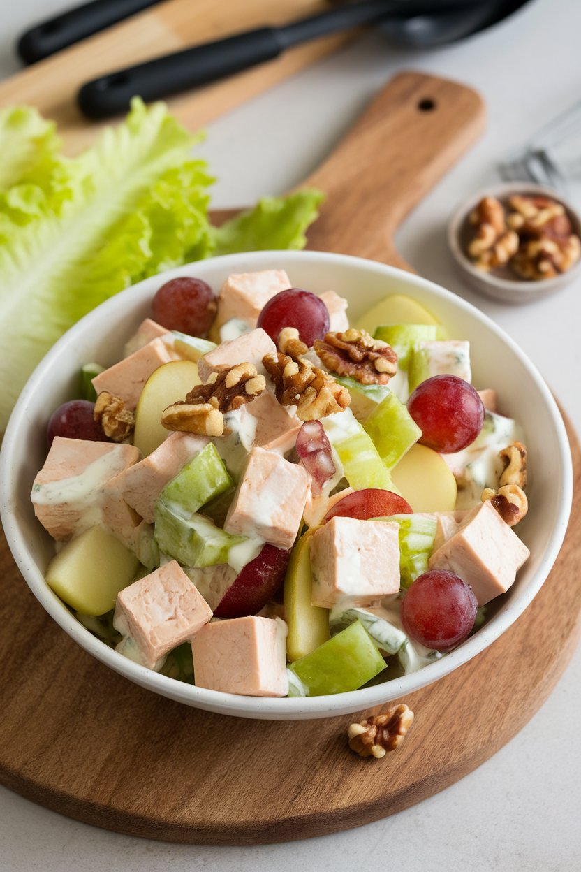 Indoor bowl of modern Waldorf salad with cubed tofu, apple chunks, grapes, celery, and walnut pieces in light yogurt dressing. Photo.