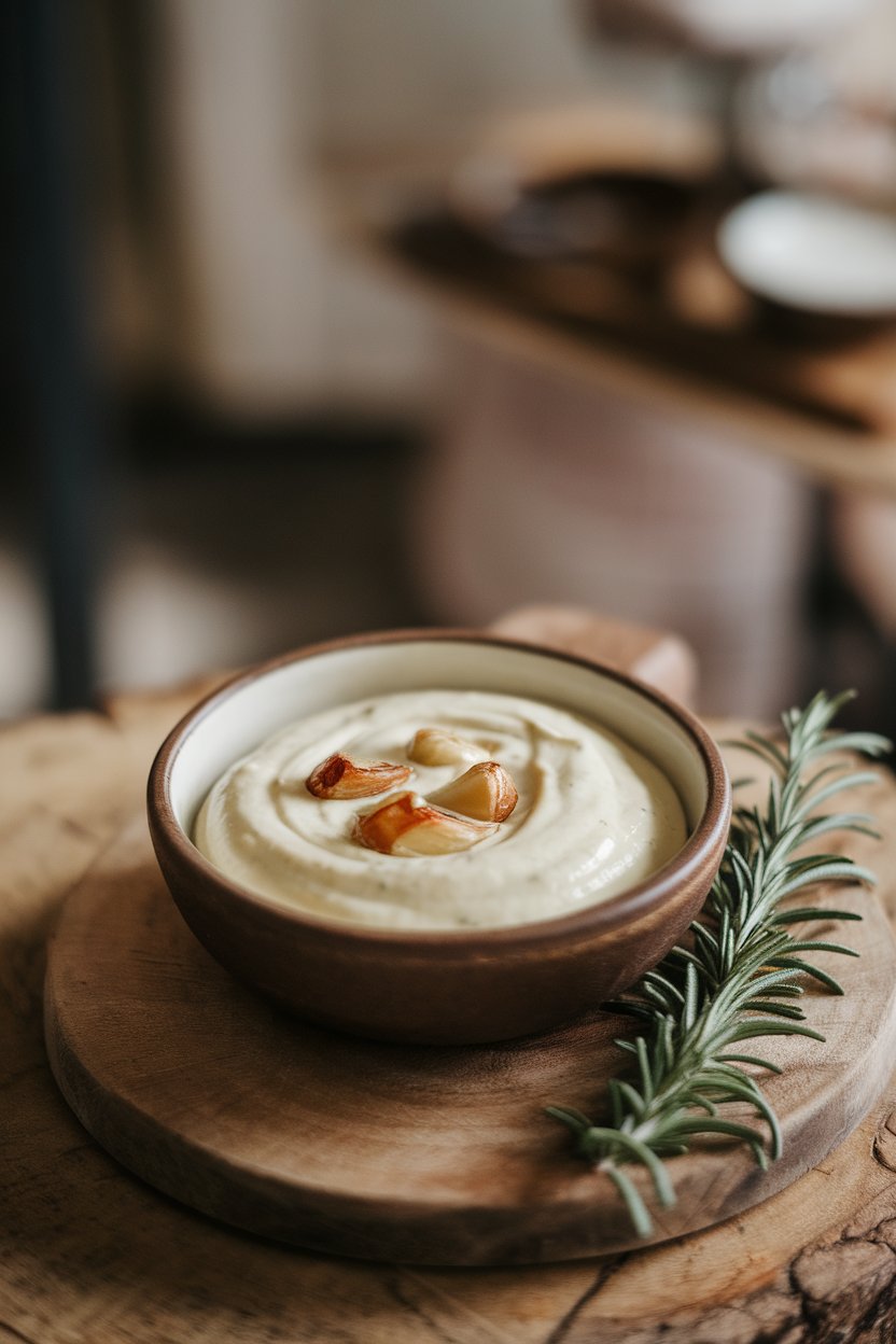 Photo of an indoor condiment dish of pale aioli with roasted garlic cloves nearby. No text or logos. Photo, not illustration.