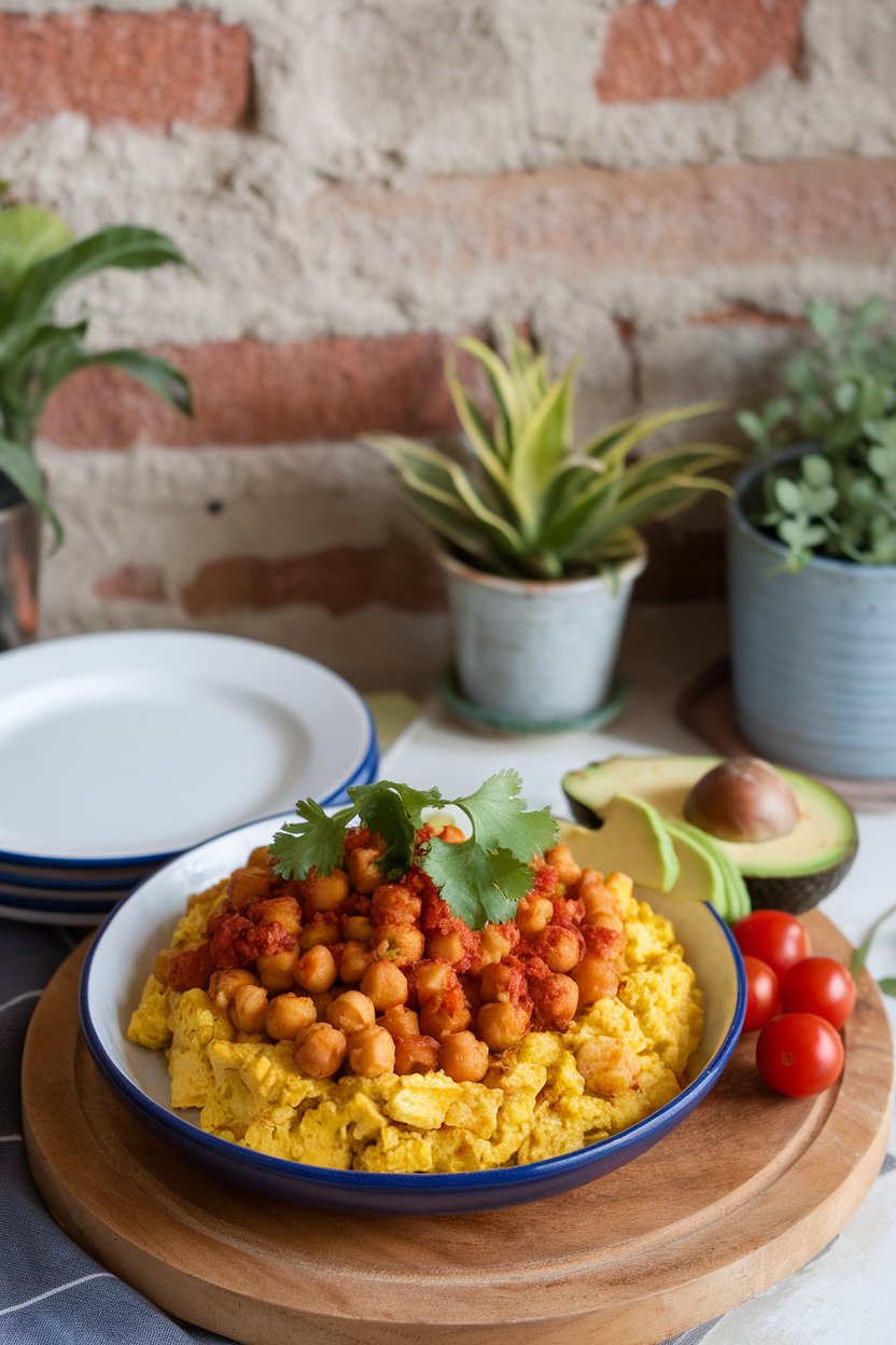 Indoor counter scene depicting tofu scramble with chickpeas coated in red harissa sauce, cilantro sprinkled over. Photo, no logos or text.