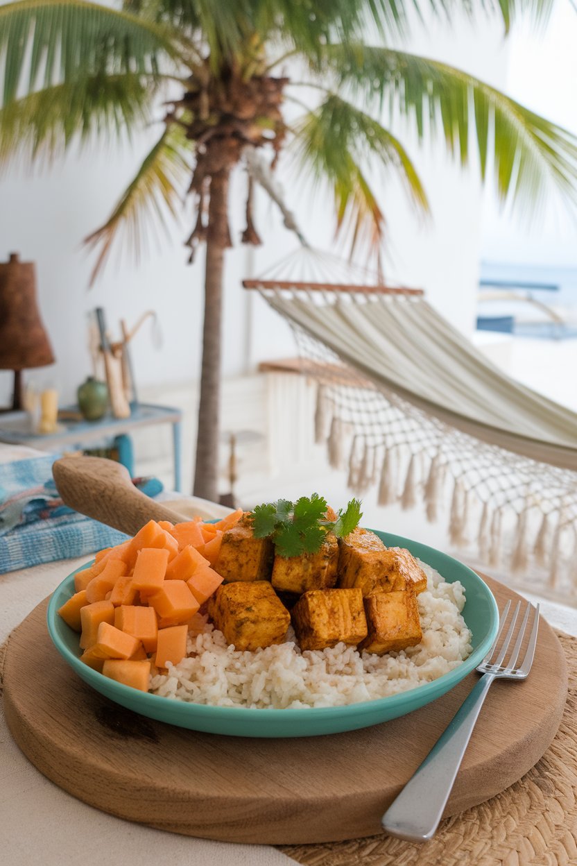 Indoor beach-inspired plate with coconut rice, jerk-marinated tofu cubes, diced papaya, and cilantro. No text or logos; photo.