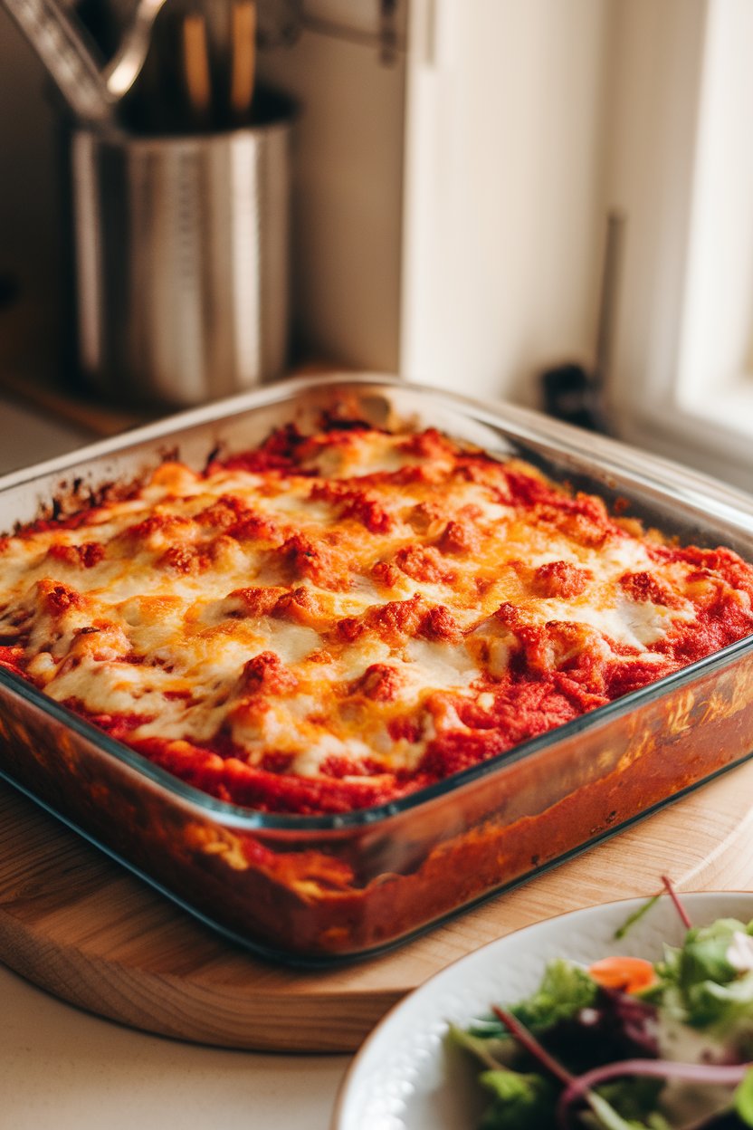 Indoor casserole dish of lasagna made with zucchini “noodles,” tofu ricotta, and marinara, cheese bubbling on top. Photo.