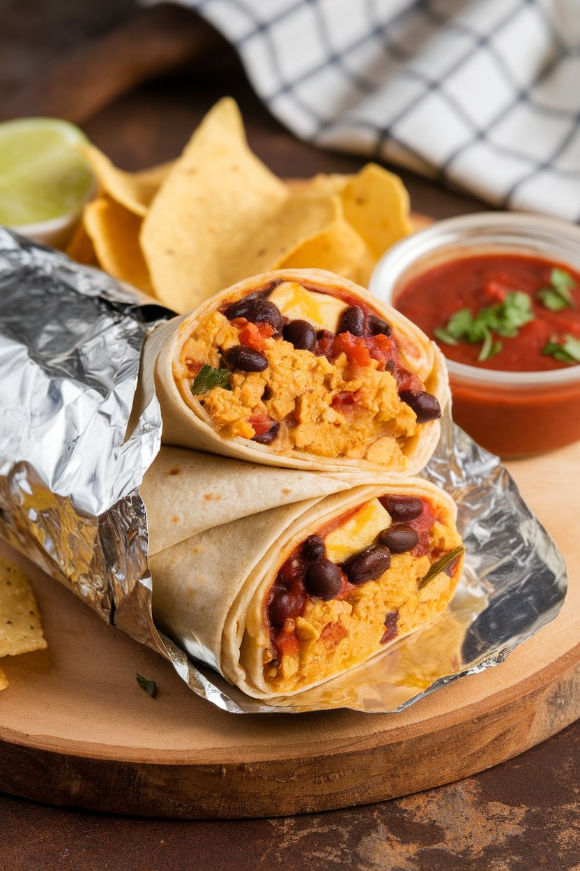 Photo of an indoor wrapped burrito cut open to reveal tofu scramble, black beans, and salsa. No text or logos. Photo, not illustration.