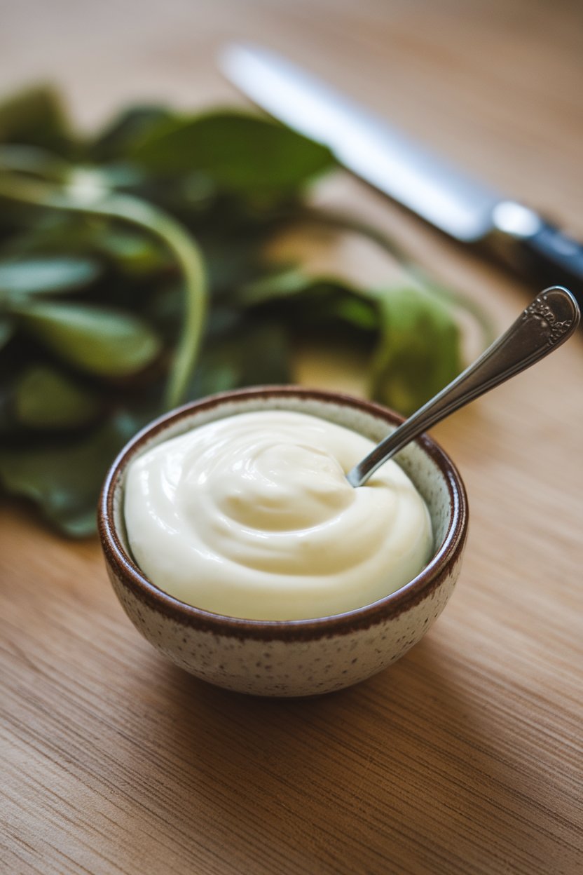 Photo of an indoor small bowl of glossy white mayonnaise, spoon dipped in. No text or logos. Photo, not illustration.