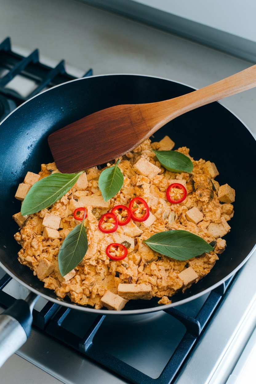 Indoor stovetop with a wok of tofu scramble dotted with Thai basil leaves and red chili slices, wooden spatula resting on rim. Photo, no text or logos.